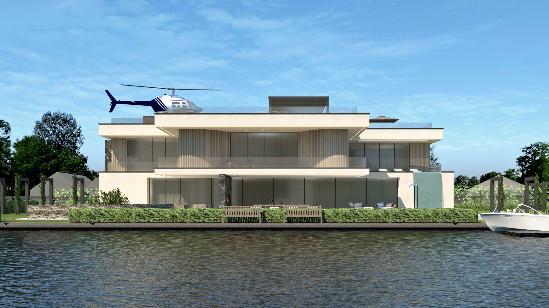 Modern house with swimming pool and helicopter