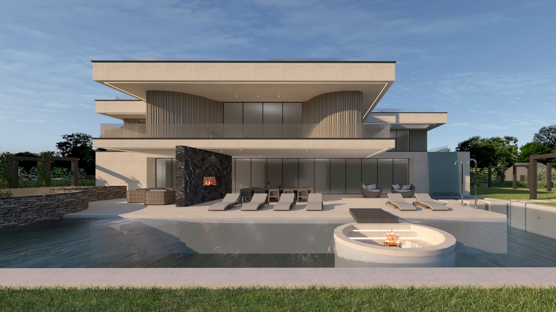 L shape swimming pool with sitting area design by architect