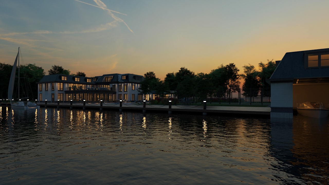 Vinkeveen 1 Bij binnenkomst is er een vide gemaakt van 9 meter hoog met een elegante dubbele trappartij. De woning bevat onder andere een kantoorruimte, gym met wellness, binnen- en buitenzwembad, thuisbioscoop, barruimte met geluidstudio, 8 slaapkamers met 8 badkamers en inloopkasten. De woning is onderkelderd, waarin er een parkeergarage is voor meerdere auto’s. Aan de waterkant is het boothuis gecombineerd met een extra gastenverblijf. De woning wordt in zijn geheel zeer luxe afgewerkt met hoogwaardige materialen en bovendien high-end installatietechnieken.