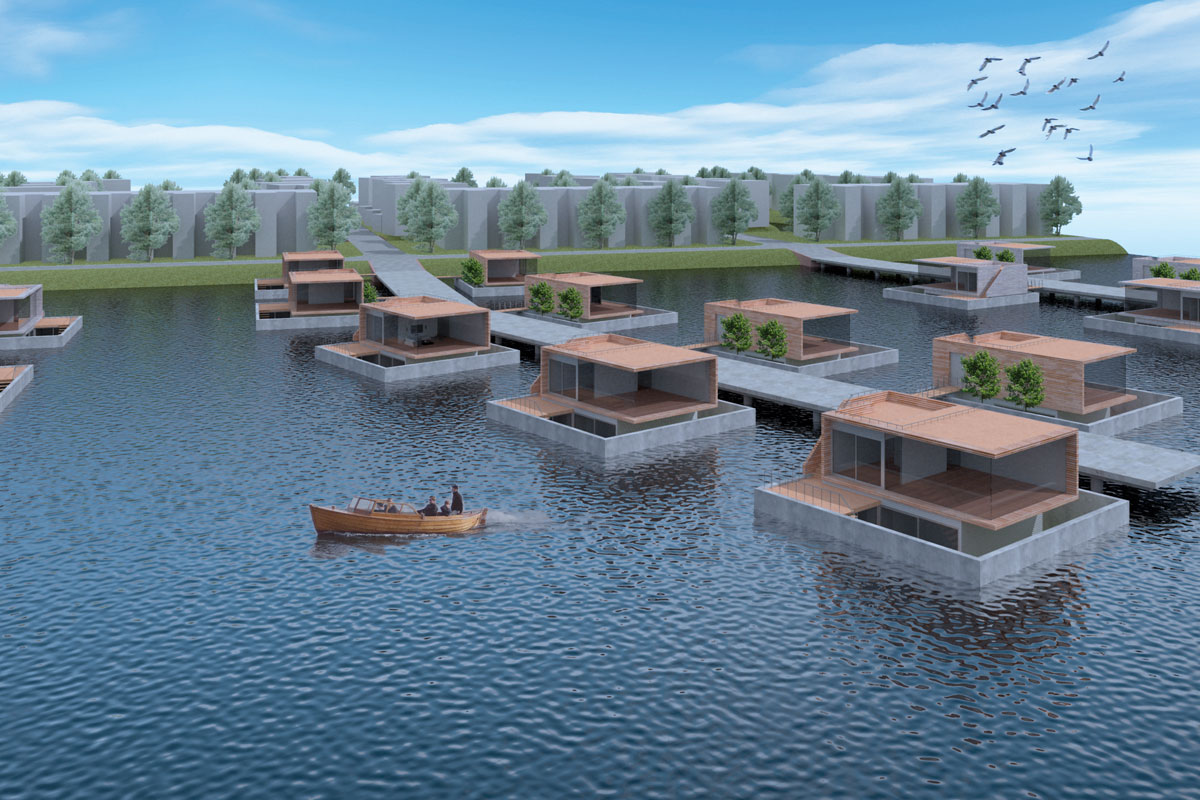 Watergaten is een ontwerp voor moderne drijvende woningen met tuin en dakterras door architect Maxim Winkelaar.