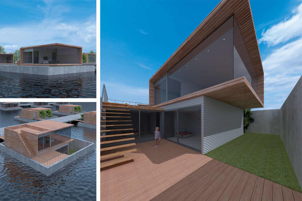 Watergaten is een ontwerp voor moderne drijvende woningen met tuin en dakterras door architect Maxim Winkelaar.