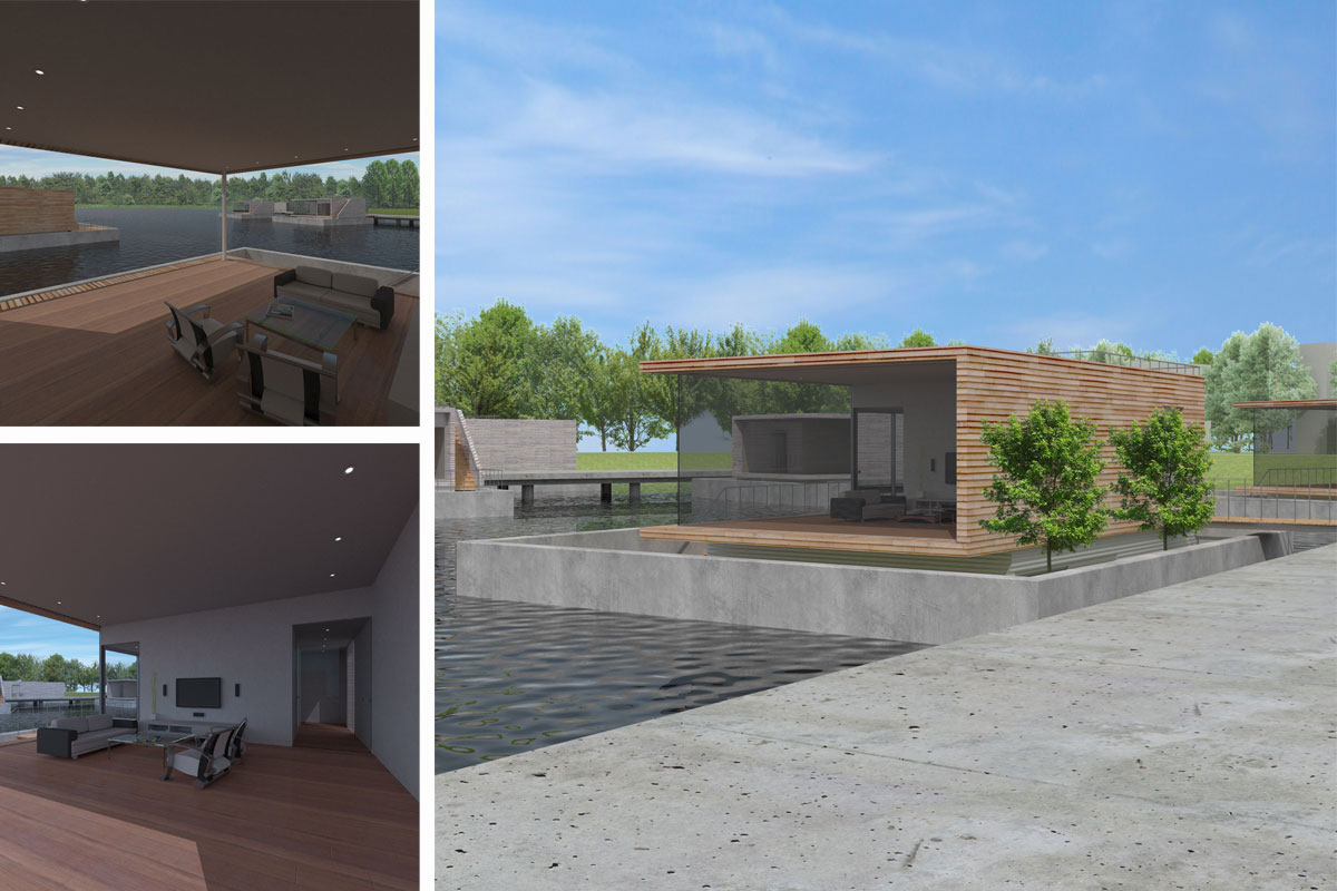 Watergaten is een ontwerp voor moderne drijvende woningen met tuin en dakterras door architect Maxim Winkelaar.