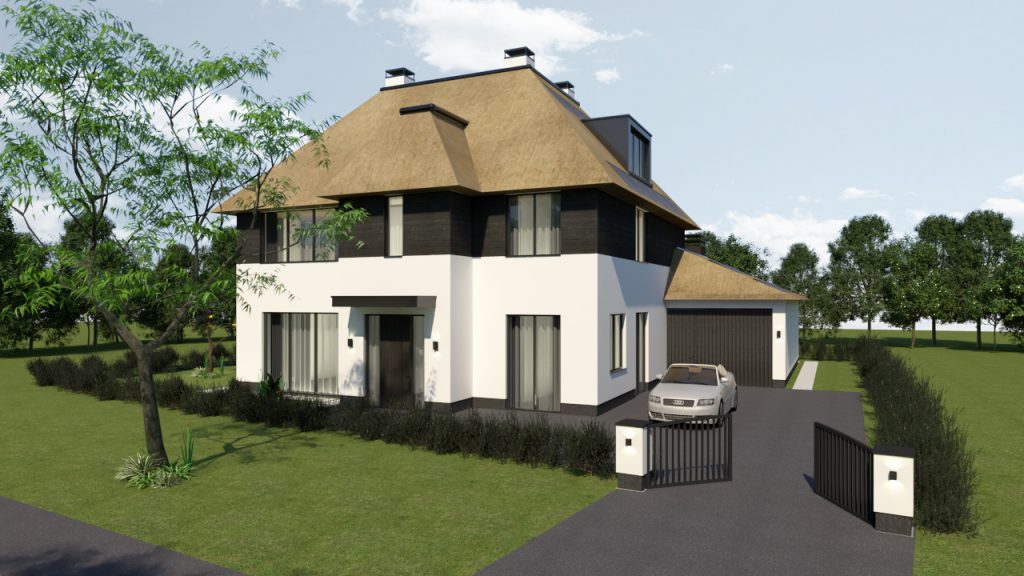 190829 VMV Kavel 158 Vleuten Render 02 Nieuwbouw villa met rietenkap in Utrecht omgeving ontwerp door rchitect Maxim Winkelaar uit Amsterdam verzorgt het ontwerp en interieurontwerp met vergunningen.