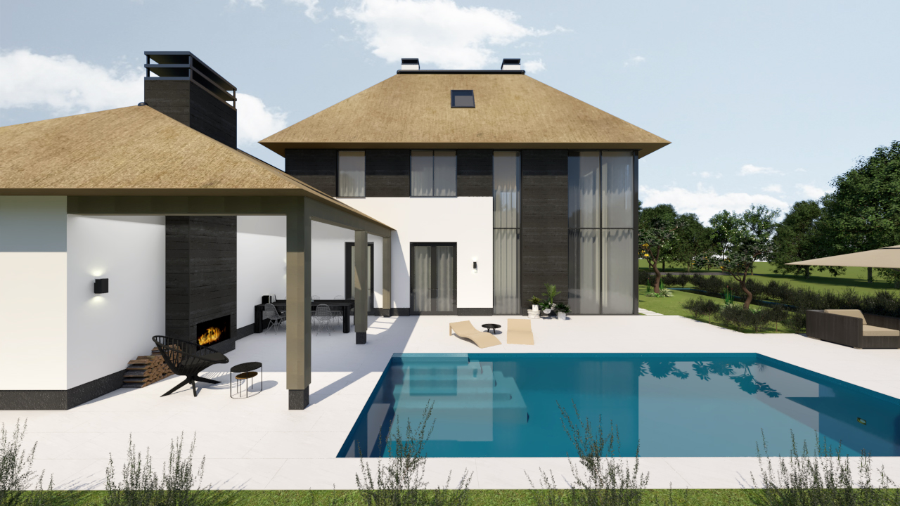190829 VMV Kavel 158 Vleuten Render 03 Nieuwbouw villa met rietenkap in Utrecht omgeving ontwerp door rchitect Maxim Winkelaar uit Amsterdam verzorgt het ontwerp en interieurontwerp met vergunningen.