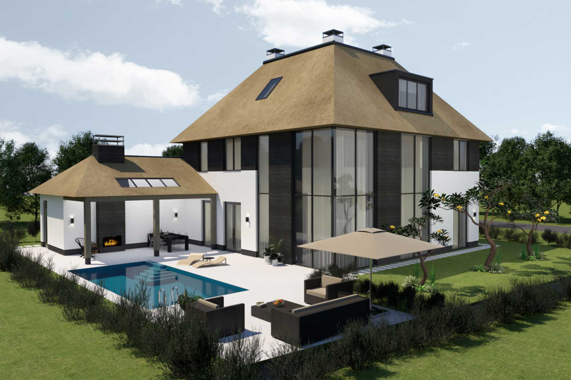 Nieuwbouw villa met rietenkap in Utrecht omgeving ontwerp door rchitect Maxim Winkelaar uit Amsterdam verzorgt het ontwerp en interieurontwerp met vergunningen.