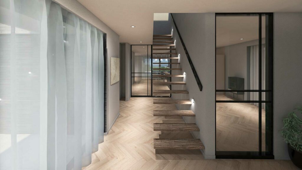 Interieur-met-zwevende-trap Ontwerp voor moderne nieuwbouw villa in twee kleuren metselwerk te Vinkeveen door architect Maxim Winkelaar