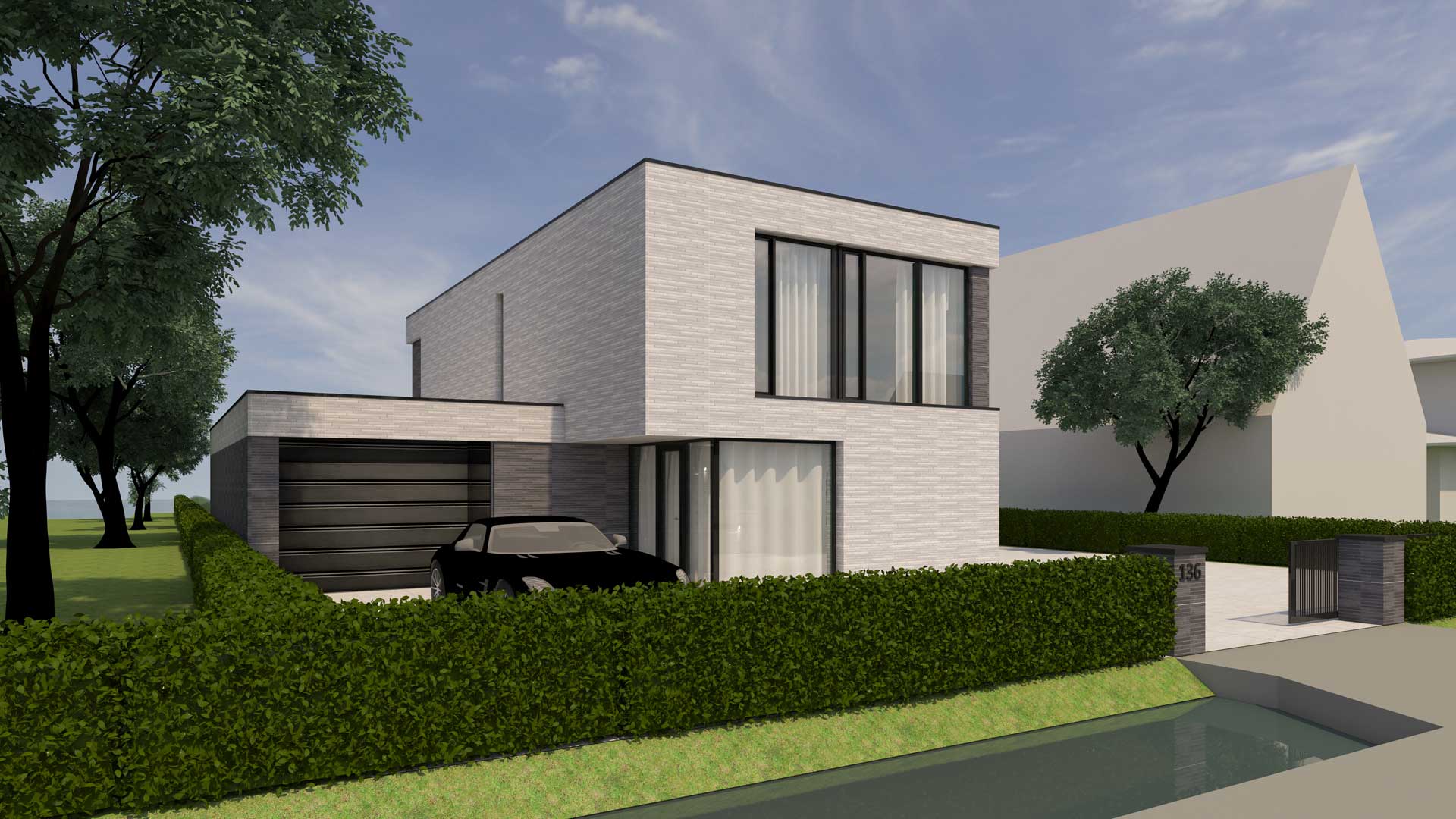 Ontwerp voor moderne nieuwbouw villa in twee kleuren metselwerk te Vinkeveen door architect Maxim Winkelaar